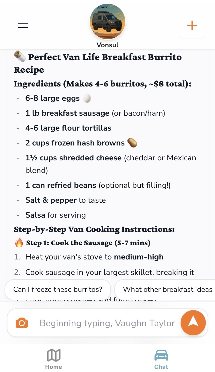 Grover app displaying Perfect Van Life Breakfast Burrito Recipe with complete ingredients list including eggs, sausage, tortillas, hash browns, cheese, and step-by-step van cooking instructions